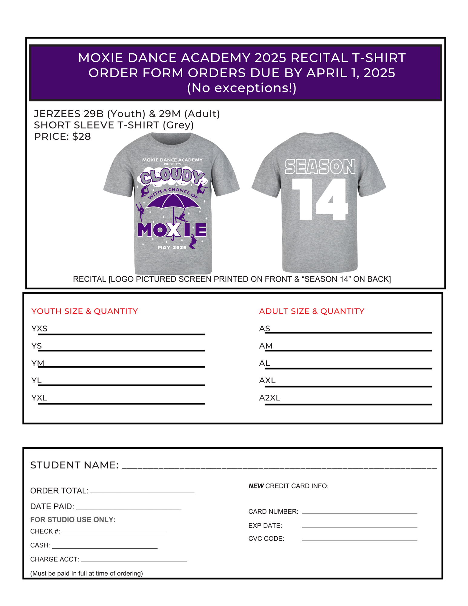 Recital T-Shirt Order Form